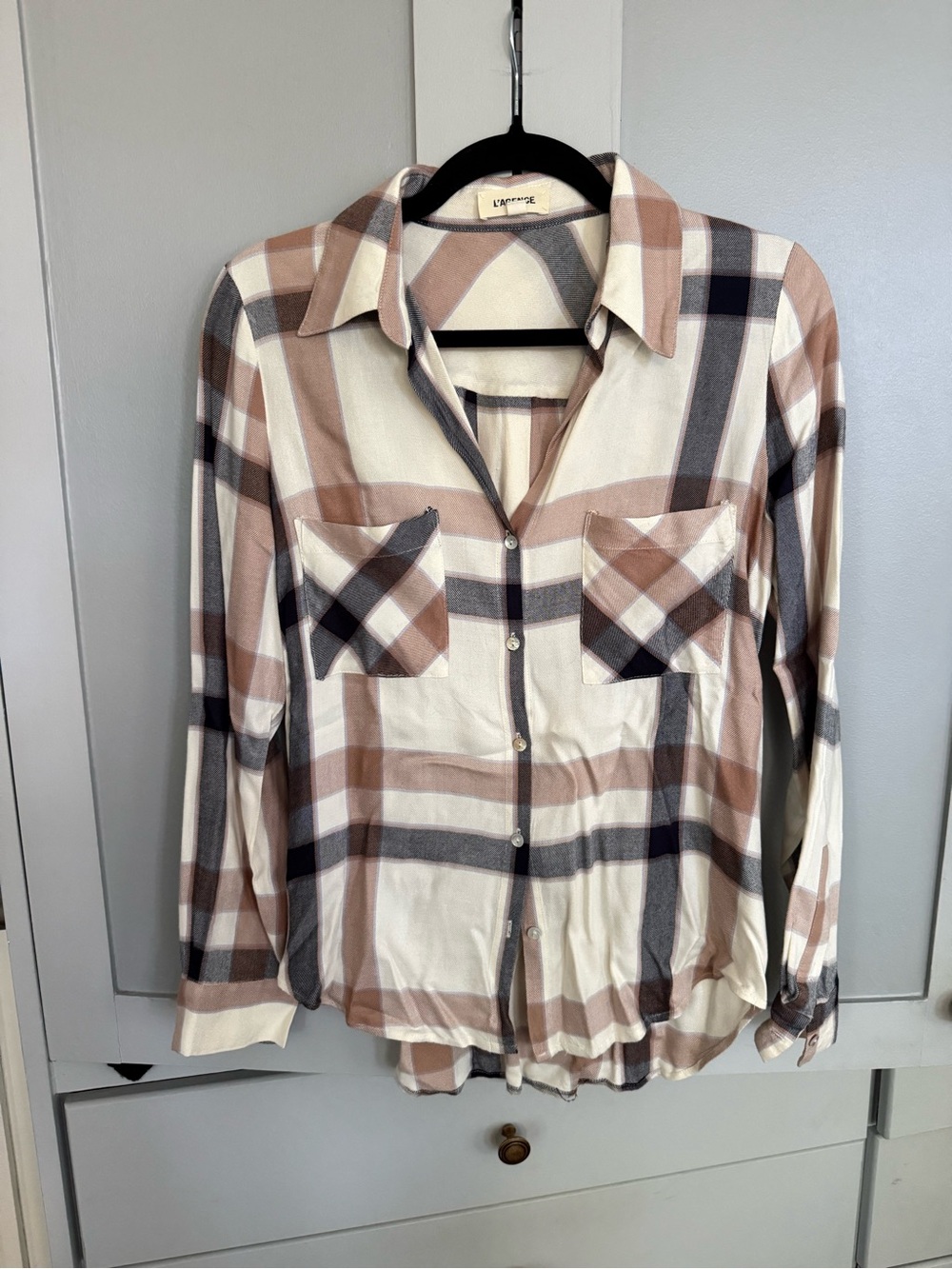 L'AGENCE Cream Button-down Shirt with Brown & Light Blue Stripes - Small